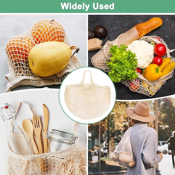 1-Pack Cotton Mesh Bag, Reusable Washable Mesh Net String Grocery Bags, Reusable Produce Bags with Handle, Net Tote Bag for Fruits/Vegetables Shopping [Cream, Short Handle]
