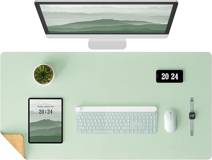 Aothia Double-Sided Desk Pad - 35.4" x 15.7" Leather Desk Mat with Eco Cork Protector, Large Mouse Pad, Waterproof Desk Blotter for Office/Home (Aqua)