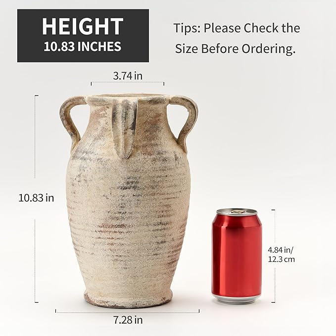 Handmade Ceramic Vase with 4 Handles, 10.83" Tall Farmhouse Rustic Terracotta Flower Vase, Vintage Vases for Home Decor, Wedding, Living Room, Table, Shelf Decor, Neutral