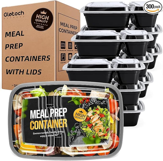 Glotoch Express 300 Pack 32oz Black 2 Compartment Square Meal Prep Containers, Food Storage Containers with Lids for Microwave Dishwasher Freezer Safe