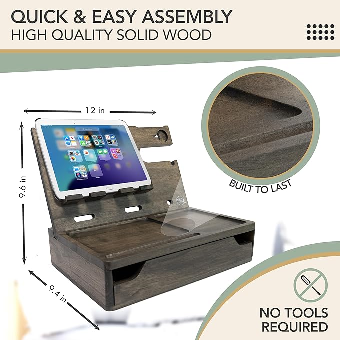 Nightstand Organizer with Drawer- Wood Phone Docking Station- Desk Organizer for Two Phones or Tablet, Watches, Headphone & Accessories- Unique Gifts for Men, Dad or Son (Rustic Gray)
