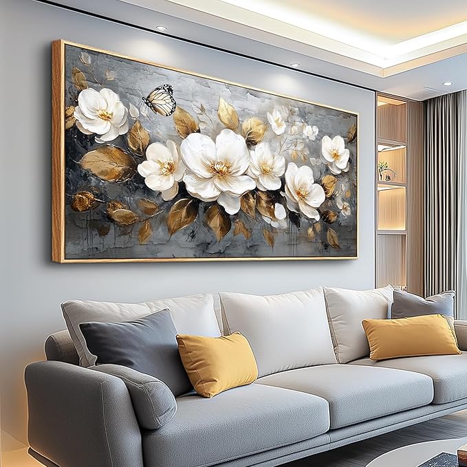 FUHAIHUA Wood Framed Canvas Wall Art For Living Room Wall Decor For Bedroom Office Wall Decoration White Flower Painting Farmhouse Pictures Artwork Room Aesthetic Home Decor 20x40 In