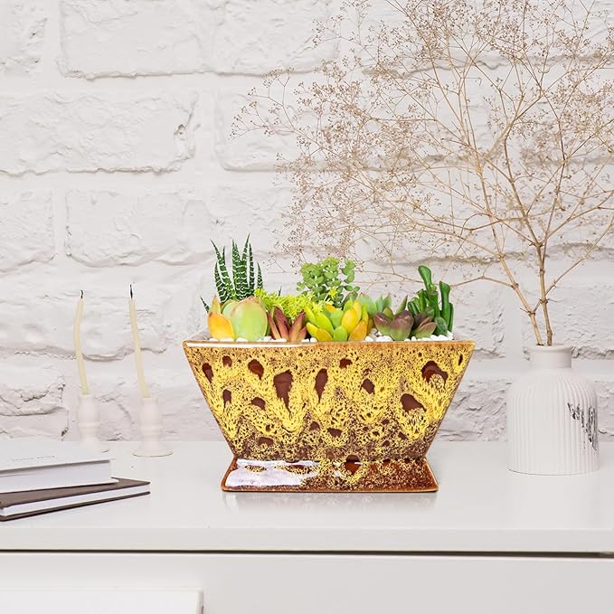 ARTKETTY Succulent Pots - 7 Inch Large Plant Pot with Drainage, Shallow Bonsai Pots Ceramic Succulent Planters for Indoor Outdoor Plants, Modern Cactus Pot Decorative Home Office