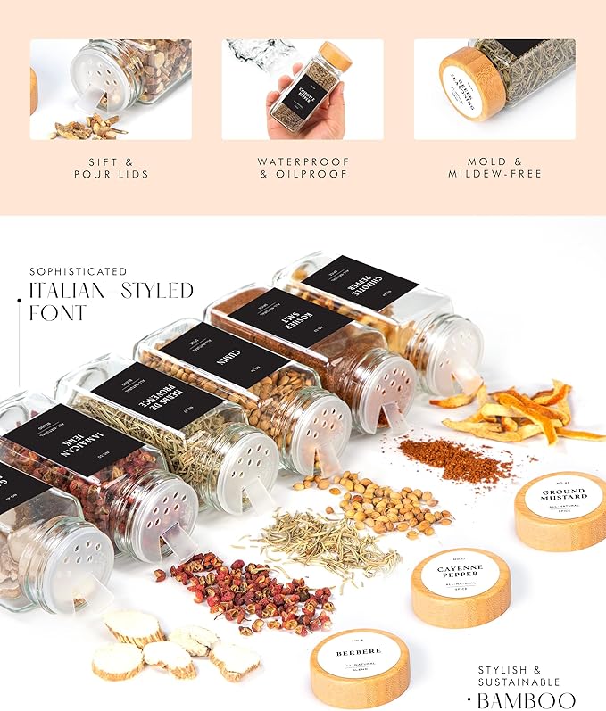 Bamboo Glass Spice Jars with Label and Shaker Lids Clear Empty 4oz 24 Pack Bottles Set, Square Glass Spice Containers with Labels Black, Seasoning Organizer Jars, Seasoning Containers with Labels Set