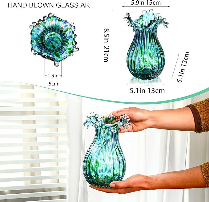 Green Glass Bubble Vase for Flowers, 8.5" Blown Glass Vase for Home Decor, Modern Art Flower Vases Decorative | Table Centerpiece, Olive Plant, Wedding, Living Room, Bookshelf, Office, Entryway