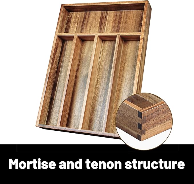 Acacia Wood Silverware Organizer, Kitchen Utensil Drawer Organizer for Forks, Knives & Spoons, 5-Compartment Cutlery Tray, Flatware Holder