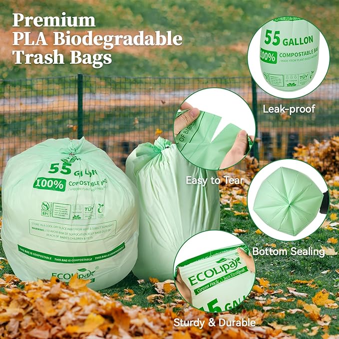 ECOLipak 55 Gallon Compostable Trash Garbage Bags, 12 Count (1 Roll) Biodegradable Heavy Duty Large Outdoor Trash Bags for Lawn/Yard, US BPI ASTM D6400 and OK Compost Home Certified