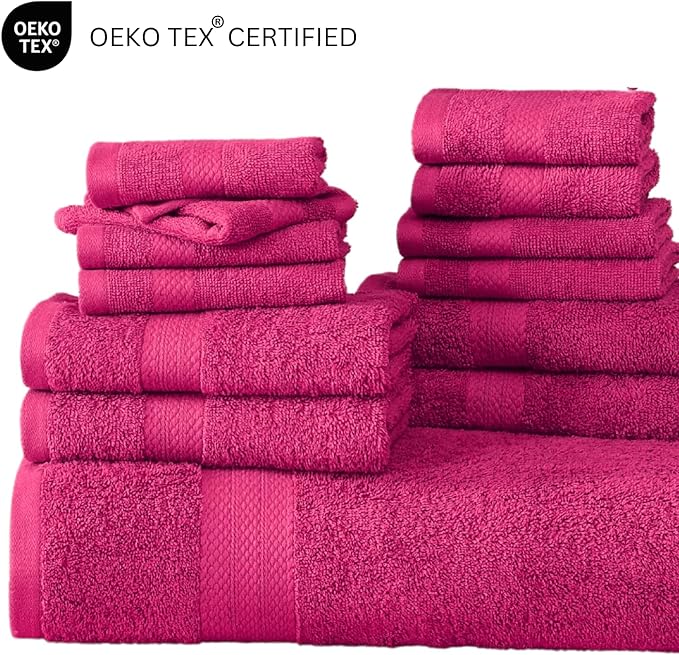 LANE LINEN 100% Mercerized Cotton Luxury Bathroom Towel Set - 16 Pcs - Premium Super Soft, Fluffy & Highly Absorbent - 4 Bath Towels, 8 Washcloths, 4 Hand Towels - Pre Shrunk, Pet Friendly - Fuschia