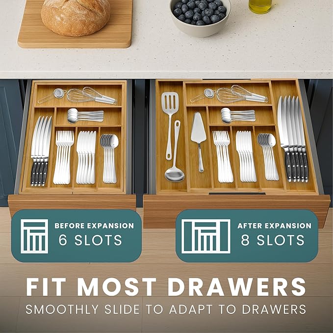 Sben Expandable Drawer Organizer for Utensils Holder, Adjustable Cutlery Tray, Wood Drawer Dividers Organizer for Silverware, Flatware, Knives for Kitchen (Bamboo)