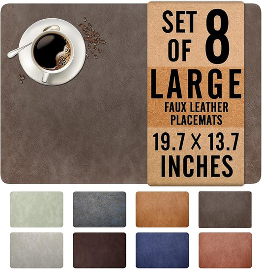 UnivoColors Washed Cowhide Pattern Faux Leather Big Size Placemats Set of 8, Waterproof Easy to Clean Anti-Slip PU Table Mats for Party Decoration19.7″×13.6″,Dark Brown Retro Cowhide Pattern