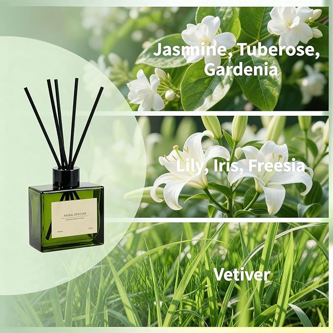 Reed Diffuser, 4 oz Jasmine Lily Scent Diffuser with 7 Sticks, 90 Days Long Lasting Reed diffusers for Home, Elegant Fragrance for Bathroom Bedroom Office Decor, Air Fresh