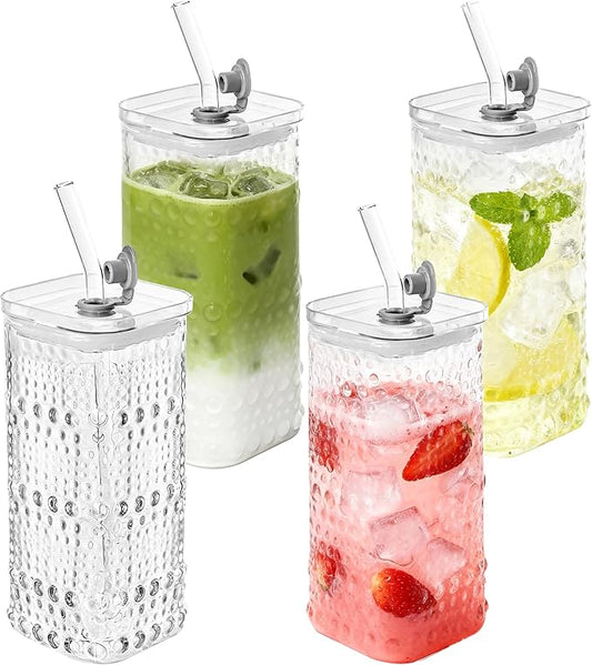 Glass Cups with Lid and Straw 4 Sets, 13OZ Square Embossed Beaded Glass Tumbler with Lid and Straw for Whiskey Cocktail Beer, Iced Coffee, Hot/Cold Drinks