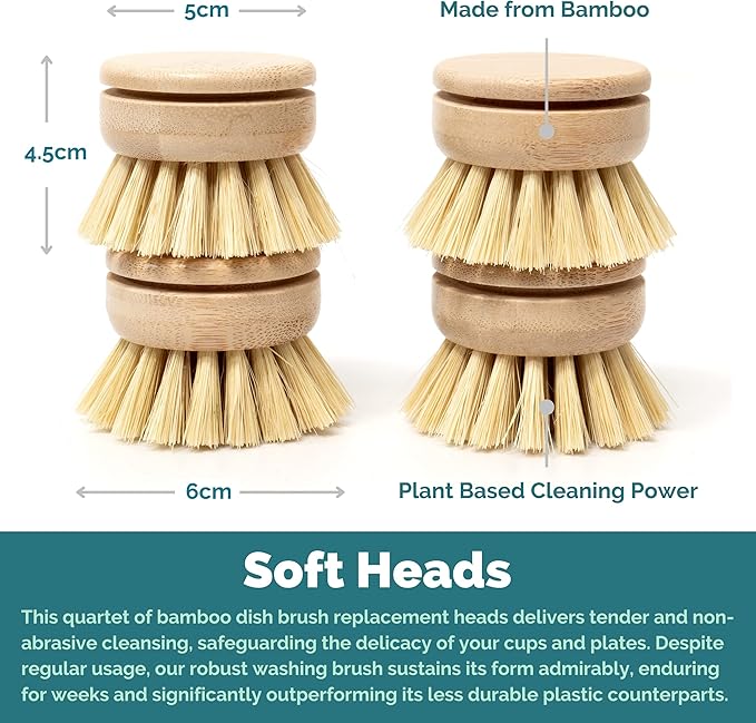 Jungle Culture Replacement Brush Heads for Eco Dish Brush • Wooden Washing Up Brush Heads Pack of 4 • Interchangeable Soft Bristle Refills • Natural Dish Scrubbers • Zero Waste Cleaning Products