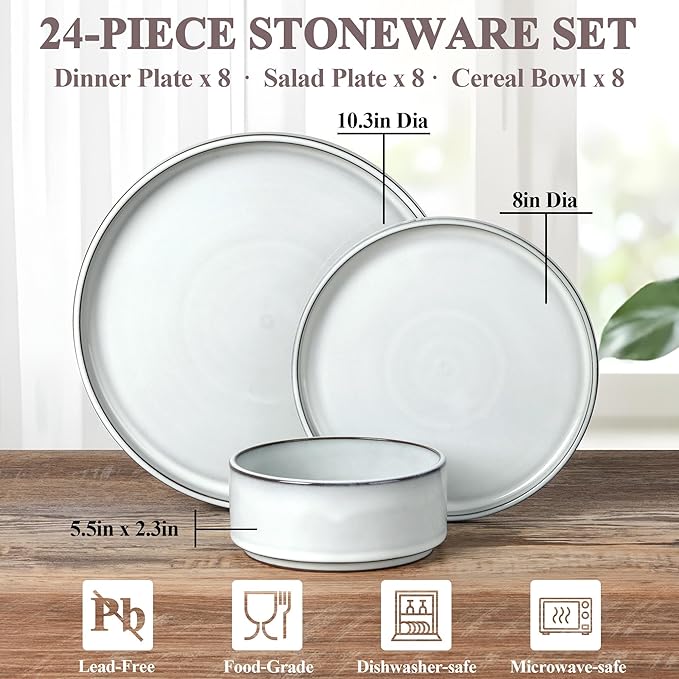 Herogo 24 Pieces Stoneware Dinnerware Set for 8, Ceramic Dinner Dishware Sets for Home Kitchen, Plates and Bowls with Rustic Terracotta Bottom, Dishwasher & Microwave Safe, Icy White