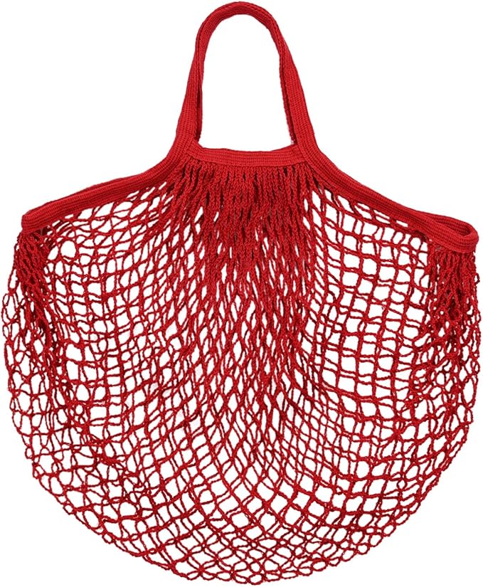 1-Pack Cotton Mesh Bag, Reusable Washable Mesh Net String Grocery Bags, Reusable Produce Bags with Handle, Net Tote Bag for Fruits/Vegetables Shopping [Red, Short Handle]