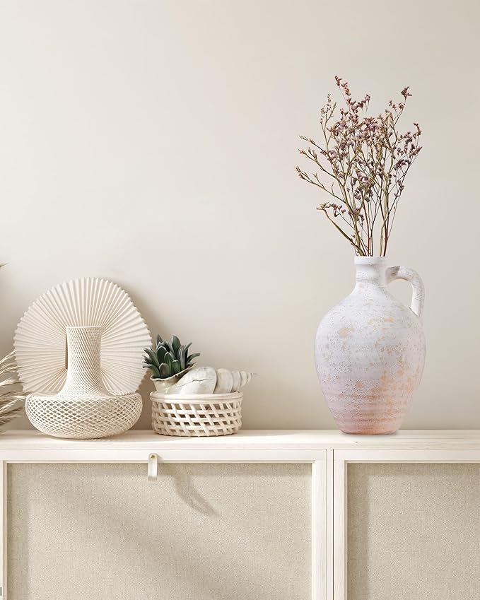 UPWOIGH Ceramic Flower Vase, 9.8 inch Tall Off-White Farmhouse Rustic Vase, Handcrafted Weathered Handle Pottery Vases, Large Flower Terracotta Vases for Home Decor, Living Room, Table, Shelf