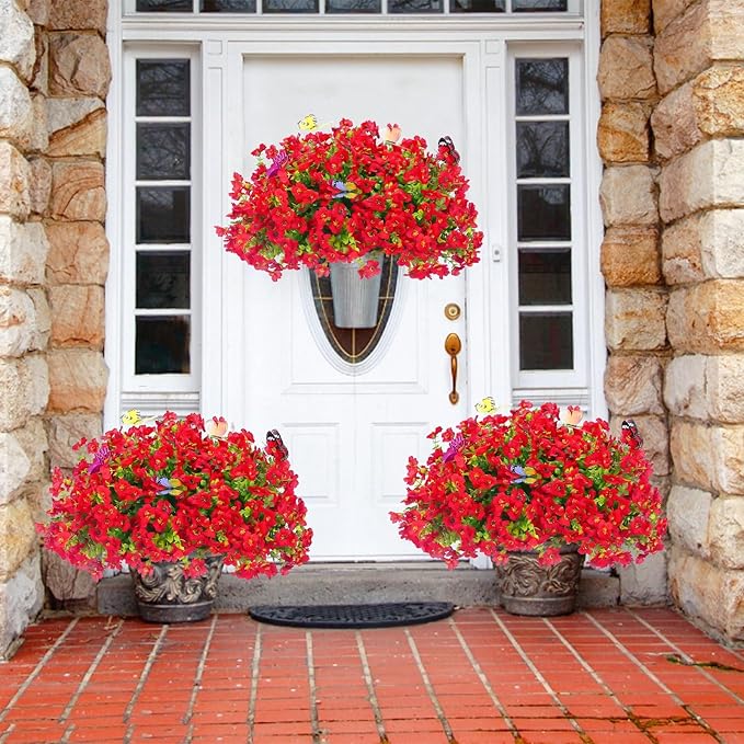 20 Bundles Artificial Flowers for Outdoors‌ with 6 Faux Butterflies, UV Resistant Fake Flowers‌ with Eucalyptus Leaves, Artificial Plants Outdoor‌ for Patio Garden Porch Home Decor (Red)