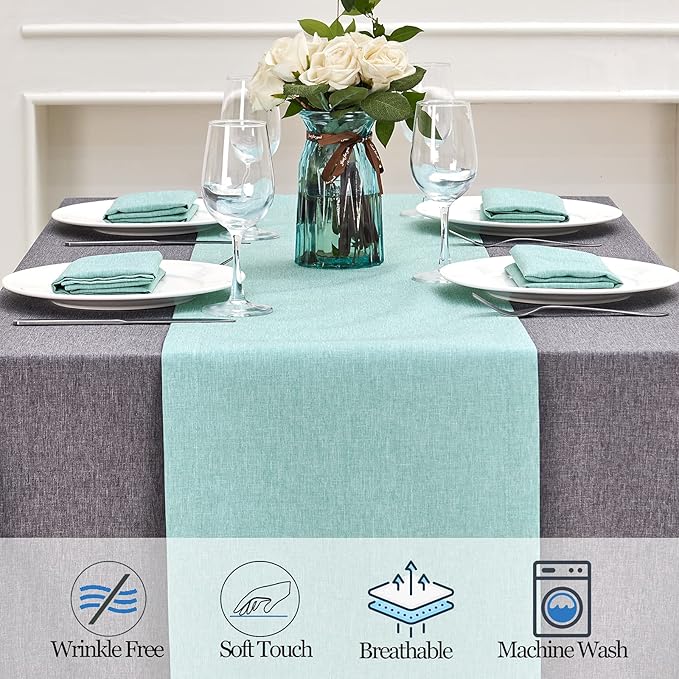 Mebakuk Linen Farmhouse Table Runner Large Burlap Style Soft and Waterproof Decorative Fabric Runner for Outdoor Wedding and Dinner (14 x 120 Inch, Turquoise Blue)