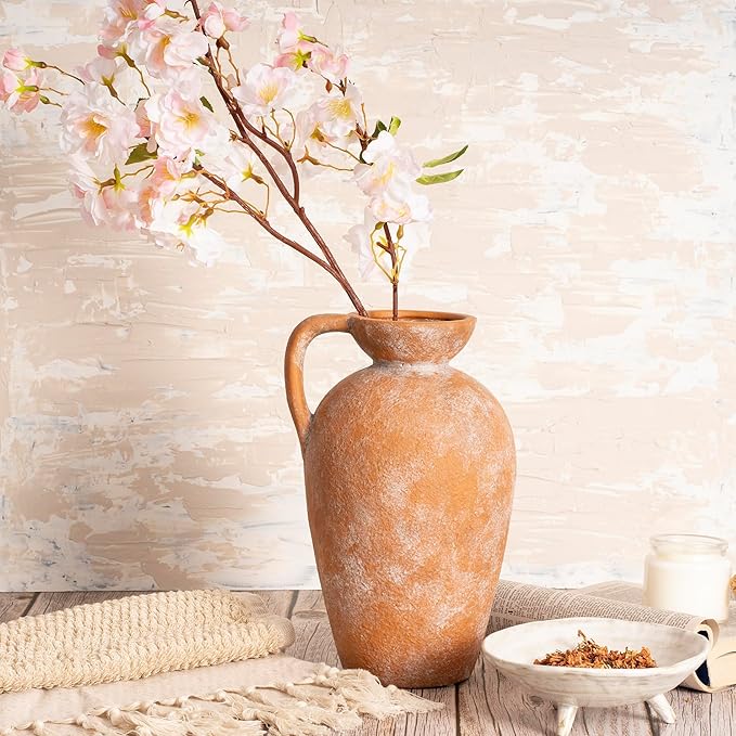 Terracotta vase with Handle, 10inch Boho Unique Textured Pottery, Rustic Farmhouse Decorative Ceramic vases for Flowers, Centerpieces, Living Room.