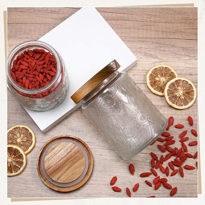 6 Pcs Vintage Glass Jar with Wooden Lid 17/24/34 oz Glass Airtight Food Storage Container with Lid Jar Begonia Sunflower Pattern for Kitchen Sugar Coffee Tea Beans Candy Cookie