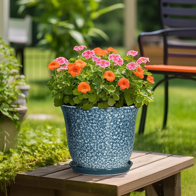 Ceramic Plant Pots - 12 Inch Pots for Plants Indoor Outdoor, Large Round Planter with Drainage Hole and Saucer, Modern Decorative Planters, Garden House Decor, House Warming Gifts, Blue