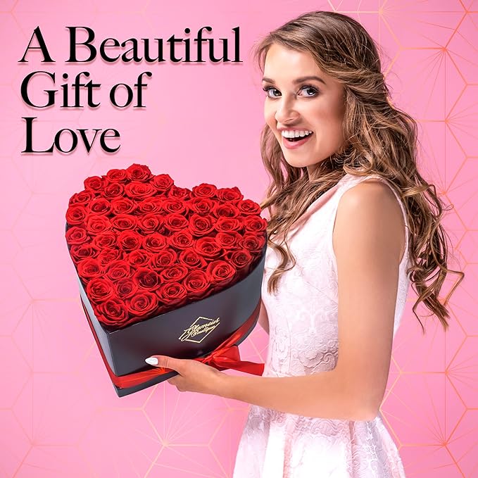 GLAMOUR BOUTIQUE 50 Flower Forever Heart Shape Box - Preserved Roses Gift for Her, Preserved Flowers, Red