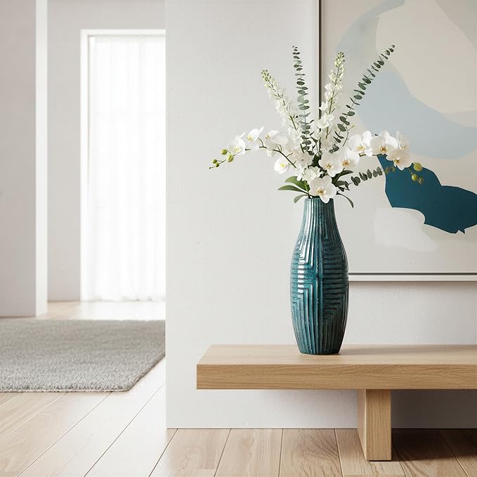 hjn Teal Ceramic Vase for Home Decor, Modern Decor Vases for Living Room/Bookshelf/Mantel/Accents - Teal texture-Medium-13.8" H