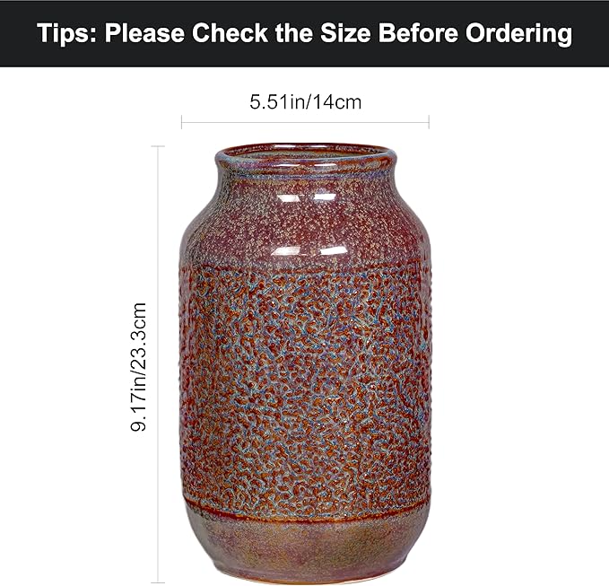 Brown Ceramic Vase for Home Decor - 9 inch Farmhouse Pottery Vase for Pampas Grass, Decorative Vases for Flowers, Farmhouse Decor, Kitchen, Mantle, Fall Decoration