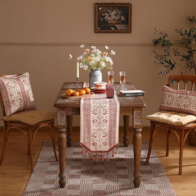 ISAENNE Designer Vintage Linen Extra Long Table Runner 118 Inches,Red Floral Pattern Modern Decor Table Runners for Dining Tables,Thanksgiving,Kitchen Tables,Christmas,Banquet,12"*118"-Chamonix A