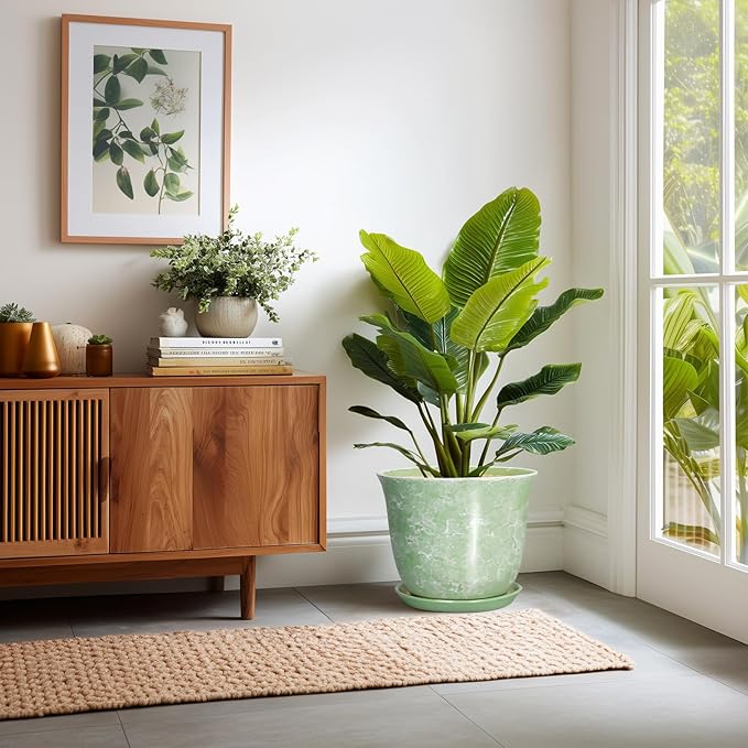 12 Inch Pots for Plants - Ceramic Plant Pots with Drainage Hole and Saucer, Large Round Planter for Indoor Outdoor, Modern Flower Pot, Decorative Planters, Garden Decor, Garden Gifts, Green