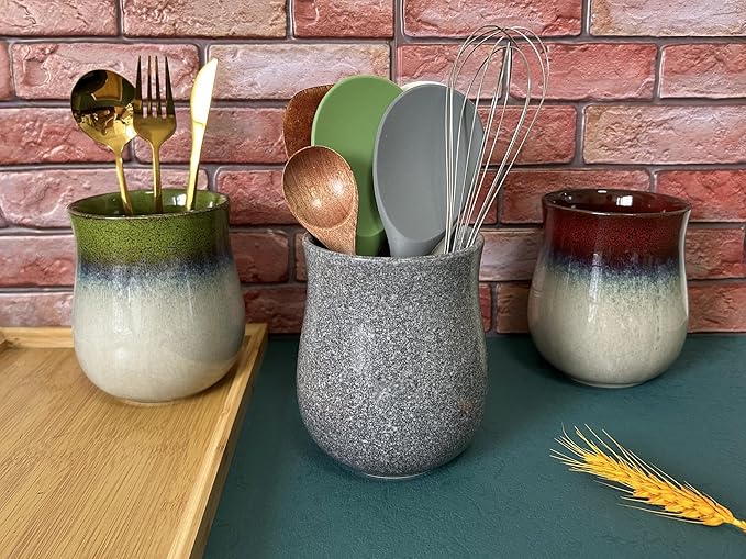Medium Ceramic Kitchen Utensil Holder for Kitchen Counter Short Cooking Utensil Holder for Countertop Spatula Holder Small Utensil Crock Cutlery Holder Silverware Caddy Flower Vase (Volcanic Ash Grey)