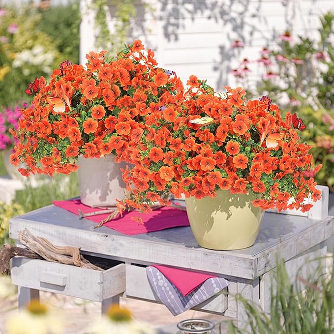 20 Bundles Artificial Flowers for Outdoors‌ with 6 Faux Butterflies, UV Resistant Fake Flowers‌ with Eucalyptus Leaves, Artificial Plants Outdoor‌ for Patio Garden Porch Home Decor (Orange)