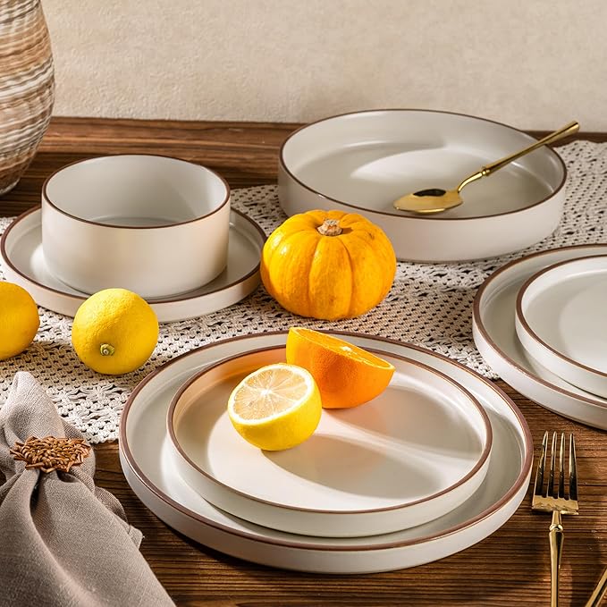 LERATIO Ceramic Dinnerware Sets for 6, High Edge Stoneware Plates and Bowls Set, Chip and Crack Resistant | Oven & Dishwasher & Microwave Safe Dishes Set, Service for 6 -Vanilla White