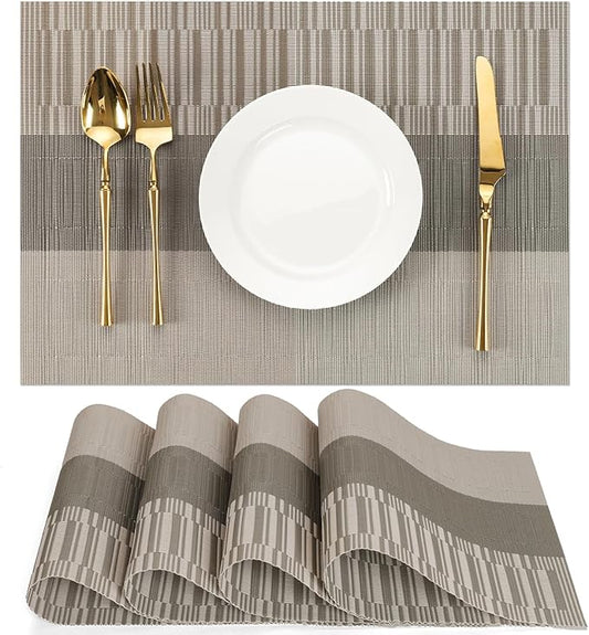 Placemats Set of 4, Vinyl Woven Place Mats Indoor Set of 4 Washable Wipeable PVC Table Mats Heat-Resistant Non Slip Placemat for Kitchen Dining Outdoor Table (Gray Dark Gray, Set of 4)