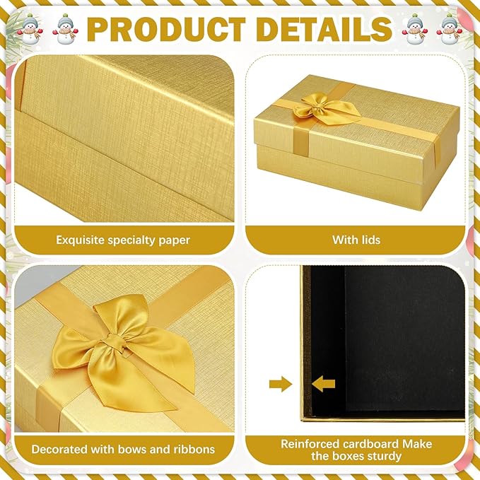 Tenceur 10 Pcs Gift Boxes with Lids Heavy Duty Nested Assorted Sizes Cardboard Gift Boxes for Presents with Ribbon for Xmas Holiday Present(Gold,5 Size)