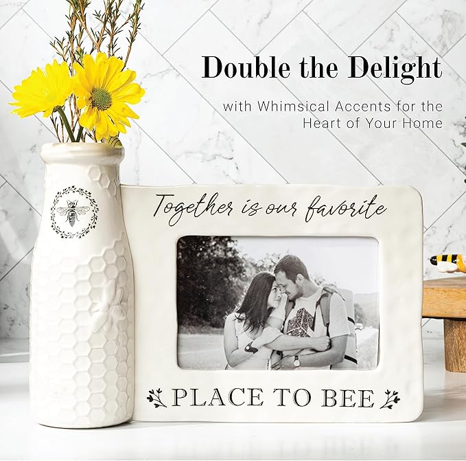 youngs Inc Ceramic Bee Vase w/Photo Frame, White, Black, 11.25" Length x 3.00" Width x 8.00" Height
