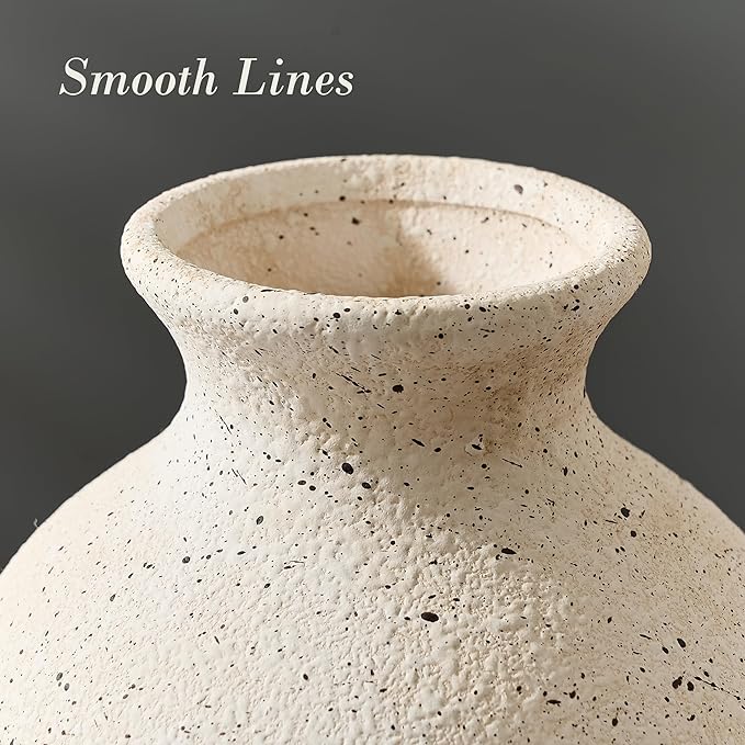 Ceramic Rustic Flower Vase, 8.38 Inch Vintage Pottery Home Decor, Antique Farmhouse Terracotta Vase for Living Room, Table, Shelf, Mantel Decoration, Farmhouse - Off-White