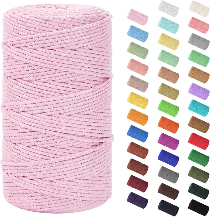 HOMEBOBO Macrame Cord 3mm x 220Yards (656Feet)Natural Cotton Macrame Rope - 4 Strands Twisted Macrame Cotton Cord for Wall HangingPlant HangersCraftsGift Wrapping and Wedding DecorationsLight Pink