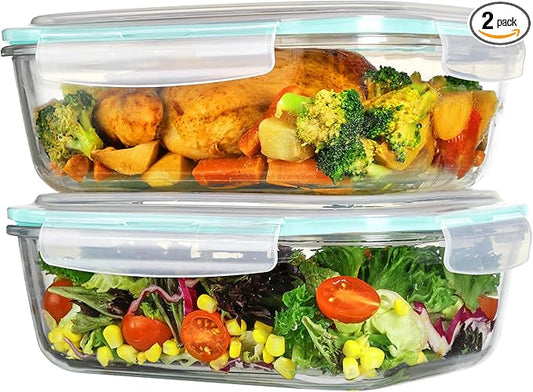 Vtopmart 2Pack 2260ml/ 76.4oz Large Glass Containers Food Storage with Lids, Meal Prep Food Container Set with Snap Airtight Lid for Baking, Microwave, Oven, Leak Proof, for Freezer, Dishwasher, Green