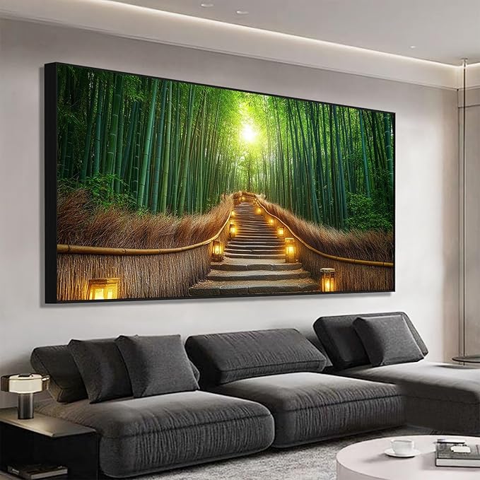Bamboo Forest Canvas Art, Kyoto Japan Bamboo Picture Prints, Nature Wall Decor, Home Decor for Bedroom, Living Room (Black Framed, 69"x39"|174x98cm)