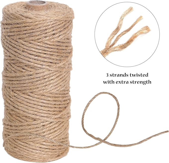 Natural Jute Twine 328ft 3mm,3Ply Twisted Thick Twine Rope Strong Jute String Roll for Crafts Gift Wrapping Gardening Home Decor Bundling Cat Scratching Post