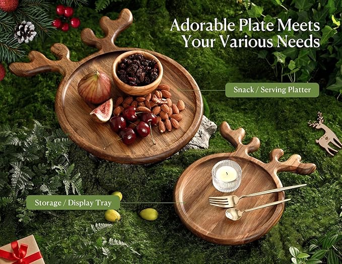 Acacia Antler Christmas Serving Platter, 12" x 15" Round Wooden Food Dish, Serving Dishes Charcuterie Board Tray for Cheese Fruit Bread, Christmas Platter for Housewarming Decro Wedding