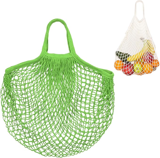 1-Pack Cotton Mesh Bag, Reusable Washable Mesh Net String Grocery Bags, Reusable Produce Bags with Handle, Net Tote Bag for Fruits/Vegetables Shopping [Green, Short Handle]
