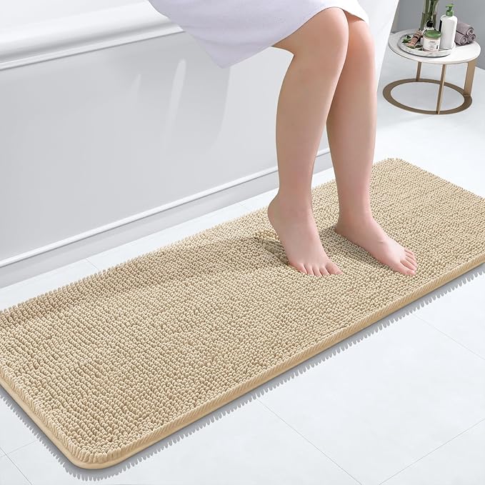 OLANLY Bathroom Rugs 47x17, Extra Soft Absorbent Chenille Bath Rugs, Rubber Backing Quick Dry, Machine Washable Bath Mats for Bathroom Floor, Tub and Shower, Home Decor Accessories, Beige