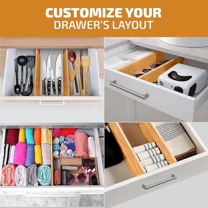6 Pack Drawer Dividers 4 Inch High, 11”-17" Adjustable Bamboo Organizers Large Expandable Drawer Separators for Cloths, Dresser, Bedroom, Bathroom, Baby Drawer, Office & Kitchen Utensils (Natural)