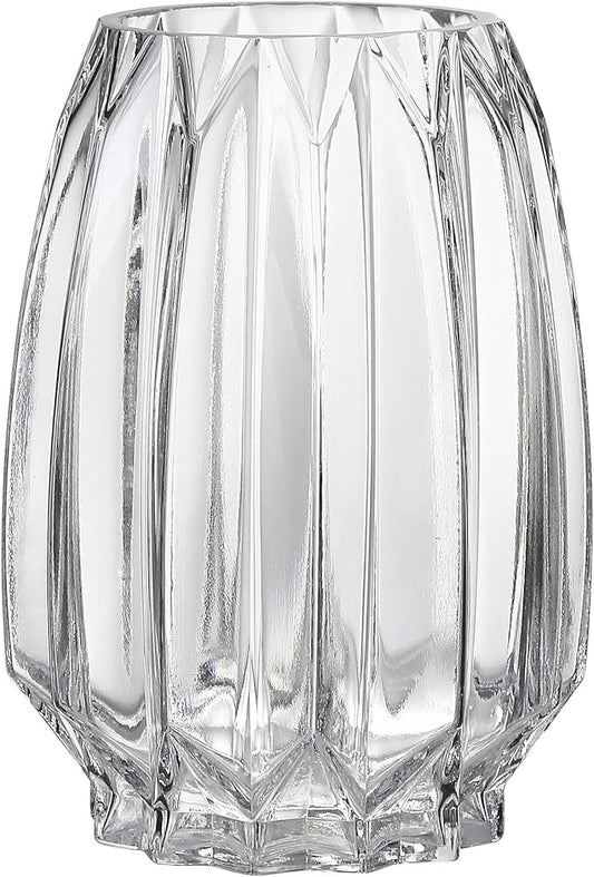Crystal Clear Glass Vase - Modern Ribbed Design for Flowers, Candles, and Decorative Accents - Tall/Short Sizes (Clear, H7.87inch)