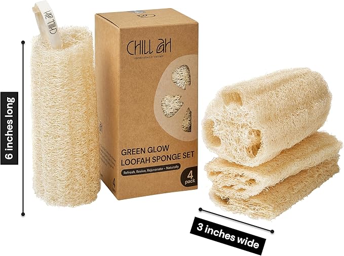Chill Ah Natural Loofah Sponge Set – 100% Plant-Based, Dye-Free, Biodegradable Bath Exfoliator for Glowing Skin – Handcrafted in Vietnam (4-Pack)