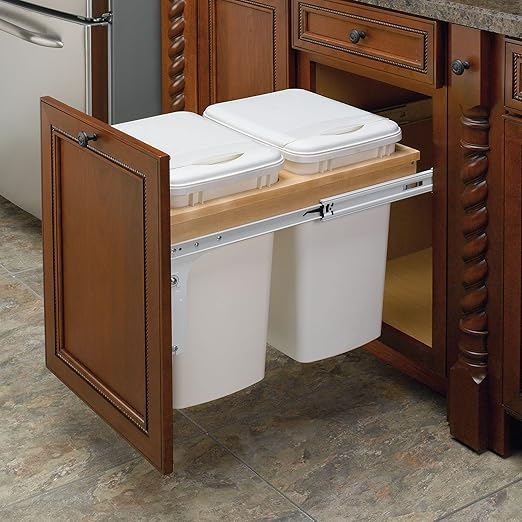 Rev-A-Shelf Top Mount Double Pullout Under Cabinet 35 Quart Kitchen Trash Cans with 150 Pound Rated Full-Extension Slides, 4WCTM-18DM2-175