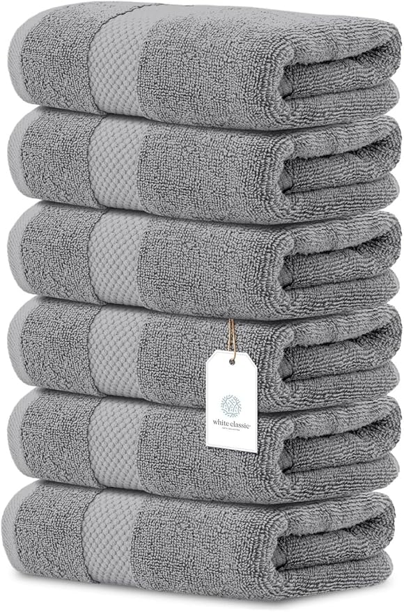 White Classic Luxury Light Gray Hand Towels - Soft 100% Turkish Cotton | Highly Absorbent Hotel spa Bathroom Towel Collection | 16x30 Inch | Set of 6
