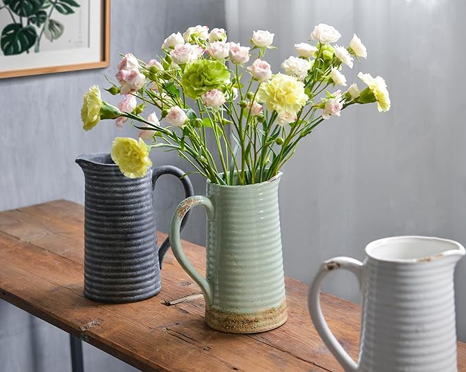 Quoowiit Ceramic Rustic Vase with Handle, Green Distressed Decorative Farmhouse Pitcher Vase for Home Decor Living Room Bedroom Kitchen Office Shelf Decor Centerpiece Table Decoration